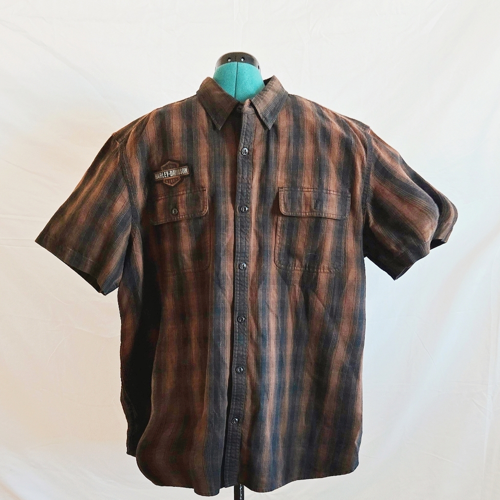 Harley-Davidson Men's Black and Brown Checkered Shirt